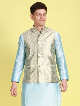 Sanwara - Mens Sky Woven Floral Pattern Ethnic Bandi Jacket