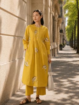 Pink Fort - Women Yellow Pure Cotton Floral Kurta with Trouser