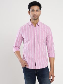 Greenfibre - Men's 100% Cotton Striped Pink Slim Fit Full Sleeve Cutaway Casual Shirt