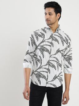 Greenfibre - Men's 100% Cotton Printed White Slim Fit Full Sleeve Cutaway Casual Shirt
