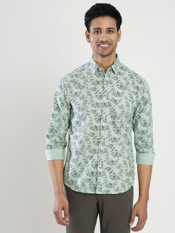 Greenfibre - Men's 100% Cotton Printed Pista Green Slim Fit Cutaway Casual Shirt