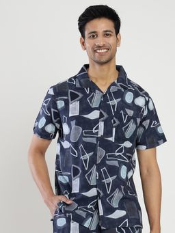 JadeBlue - Men's 100% Cotton Navy Blue Slim Fit Half Sleeve Cutaway Casual Shirt