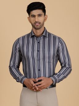 Greenfibre - Men's Navy Blue Blended Slim Fit Striped Formal Shirt