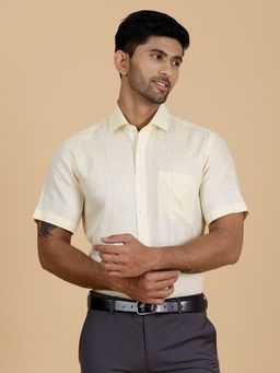 JadeBlue - Men's Light Yellow Linen Checked Regular Fit Half Sleeve Formal Shirt