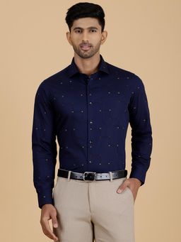Metal - Men's Navy Blue Slim Fit Printed Cotton Formal Shirt