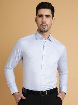 Metal - Men's 100% Cotton Printed Light Blue Slim Fit Full Sleeve Cutaway Formal Shirt