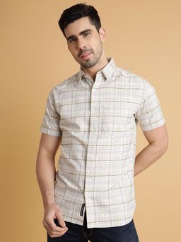 JadeBlue - Men's 100% Cotton Checked Beige Slim Fit Half Sleeve Cutaway Casual Shirt