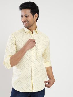 JadeBlue - Men's 100% Cotton Printed Yellow Slim Fit Cutaway Semi Casual Shirt