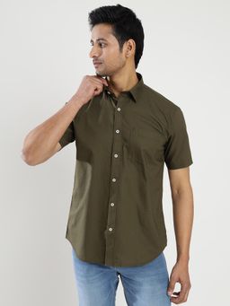 Greenfibre - Men's 100% Cotton Solid Olive Green Regular Fit Cutaway Semi Casual Shirt