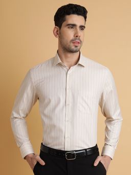 Greenfibre - Men's Blended Striped Beige Regular Fit Full Sleeve Cutaway Formal Shirt