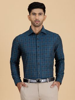 Metal - Men's Teal Checked Slim Fit Cotton Shirt