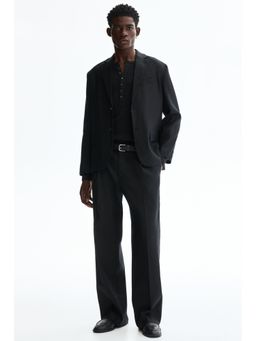 H&M - Men Black Relaxed Fit Tailored Linen-Blend Trousers