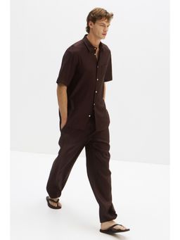 H&M MOVE - Men Brown Easy Care Loose Fit Linen-Blend Trousers