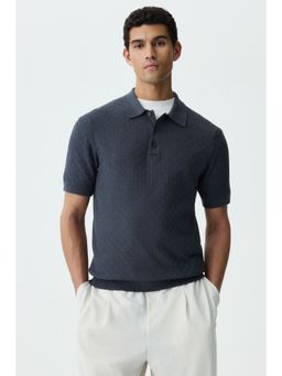 H&M - Men Grey Slim Fit Textured-Knit Polo Shirt