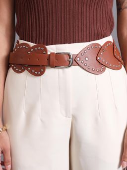 Kazo - Studded Heart Statement Broad Belt- Brown (S)