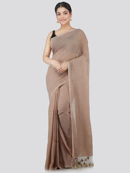 PinkLoom - Womens Cotton Saree with Unstitched Blouse-Brown