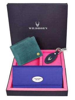 WILDHORN - Premium Leather Ladies Wallet, Mens Wallet and Keychain Gift -1K_BL_2052BLH_K (Set of 3)
