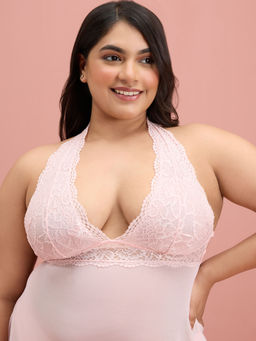 Nykd by Nykaa - Sheer Lace Halter Neck Babydoll with Adjustable Band, Peach - NYS123