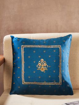 Fabindia - Teal Saira Embroidered Cotton Silk Javish Cushion Cover (16X16 Inches)
