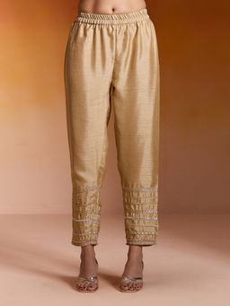 Gajra Gang - Gold Textured Slub Lace Embellished Pant Taash Panache