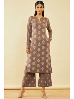 Soch - Womens Beige Ethnic Motifs Winter Kurta (Set of 2)