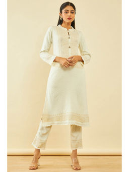 Soch - Womens Off White Woven Design Winter Kurta (Set of 2)