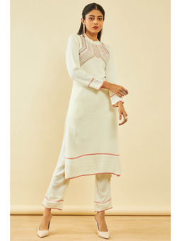 Soch - Womens Off White Embroidered Winter Kurta (Set of 2)