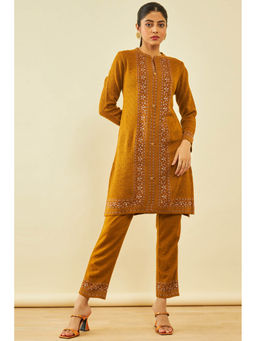 Soch - Womens Mustard Woven Design Winter Kurta (Set of 2)