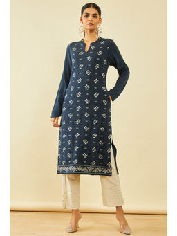 Soch - Womens Blue Woven Design Winter Kurta