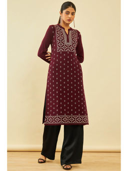 Soch - Womens Maroon Geometric Pattern Winter Kurta