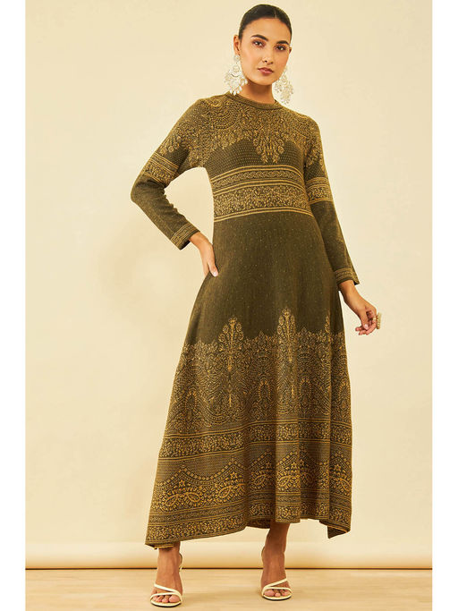 olive winter dress Dark Green Wool Dress Handmade Winter Maxi with Pockets