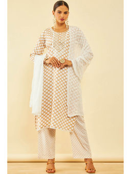 Soch - Womens Beige Cotton Polka Dots Dress Material with Sequins (Set of 3)