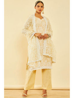 Soch - Womens Beige Cotton Embroidered Dress Material with Thread Work (Set of 3)