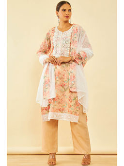 Soch - Womens Peach Organza Embroidered Dress Material with Thread Work (Set of 3)