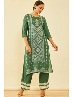 Soch - Womens Green Cotton Embroidered Kurta with Sequins (Set of 2)