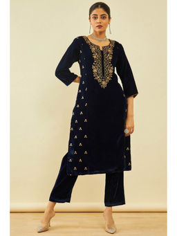 Soch - Womens Navy Blue Velvet Embroidered Kurta with Thread Work (Set of 2)