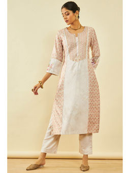 Soch - Womens Cream Velvet Embroidered Kurta with Thread Work (Set of 2)