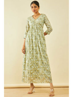 Soch - Womens Green Cotton Floral Print Dress with Sequins