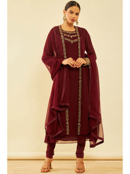 Soch - Womens Maroon Georgette Suit Kurta, Shrug with Churidar and Dupatta (Set of 4)