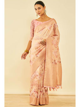 Soch - Womens Peach Tussar Silk Zari Woven Saree & Tassels with Unstitched Blouse