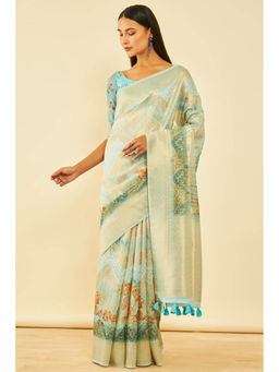 Soch - Womens Turquoise Tussar Silk Zari Woven Saree & Tassels with Unstitched Blouse