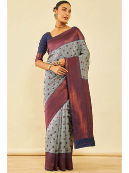 Soch - Womens Grey Silk Blend Zari Woven Saree with Unstitched Blouse