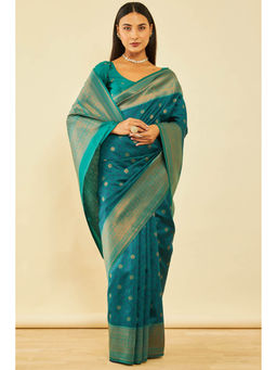 Soch - Womens Green Silk Blend Zari Woven Saree with Unstitched Blouse