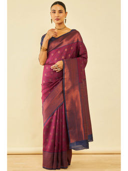 Soch - Womens Magenta Silk Blend Zari Woven Saree with Unstitched Blouse