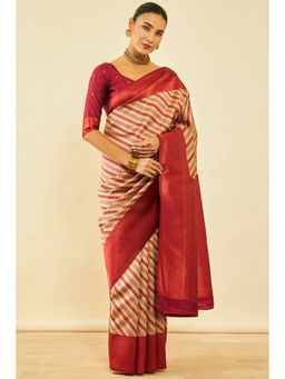 Soch - Womens Beige Silk Blend Zari Woven Saree with Unstitched Blouse