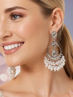 OOMPH - Silver and White Pearls Kundan Jadau Chandbali Earrings