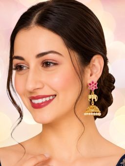 OOMPH - Pink Stone Antique Gold Elephant Design Jhumka Earrings