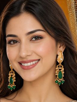 OOMPH - Green Stone Matte Gold Drop Earrings