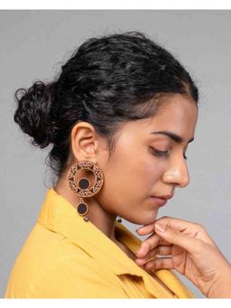 WHE - Black Wheel Repurposed Ajrakh Fabric and Wood Earrings