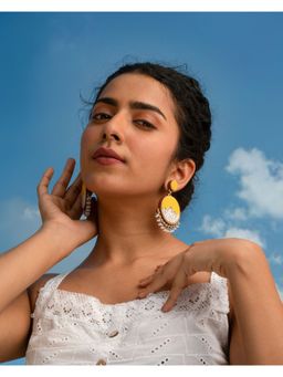 WHE - Yellow Fabric and Repurposed Wood Round Danglers Earrings